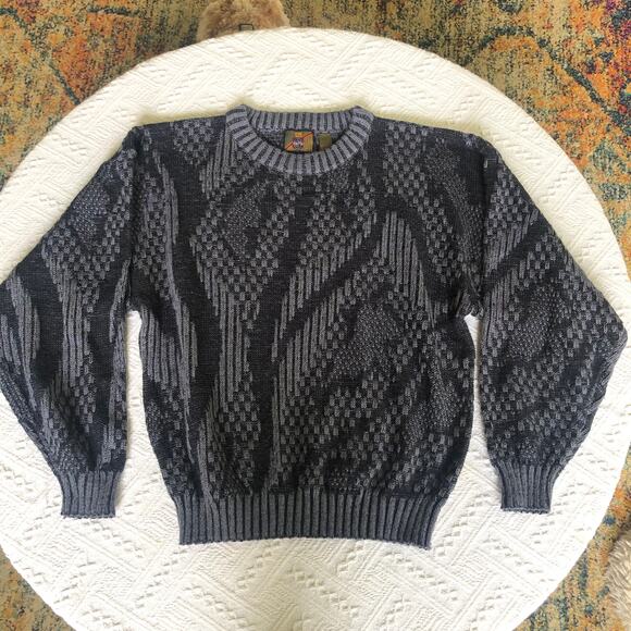VTG 1980s Grandpa Knit Sweater Saturdayz Large Gray Geometric Abstract Textured